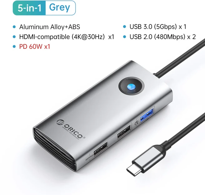 ORICO 도킹 스테이션 유형 C 허브-4K60Hz HDMI 호환 USB 3.0 어댑터 RJ45 PD100W Macbook Pro 노트북 액세, 03 Grey 5in1 30Hz PD60, 01 China Mainland