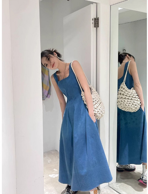 【法式收腰】吊帶連衣裙 牛仔連衣裙 長裙 氣質連衣裙 小眾設計感 高腰顯瘦 藍霧之戀 夏季約會度假 女神範, 藍色
