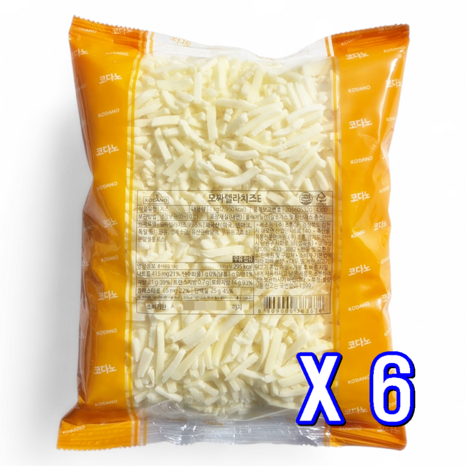 코다노 모짜렐라치즈 E 자연치즈 100% 슈레드 피자치즈, 1kg, 6개
