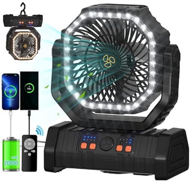 ADUST 캠핑 팬 배터리 작동 전원 팬 LED 랜턴 조명 20000mAh 충전식 휴대용 텐트용 360° 회전 걸이 후크가 있는 진동 팬 무선 USB 책상 팬(블랙키쉬, 블랙