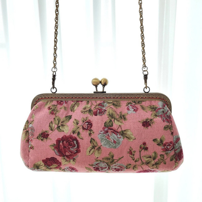 [DIY키트 패키지] 20cm앤틱프레임파우치 가방만들기 레드벨벳 핸드폰가방 미니백 (체인별도구매), 블랙데이지, 1개