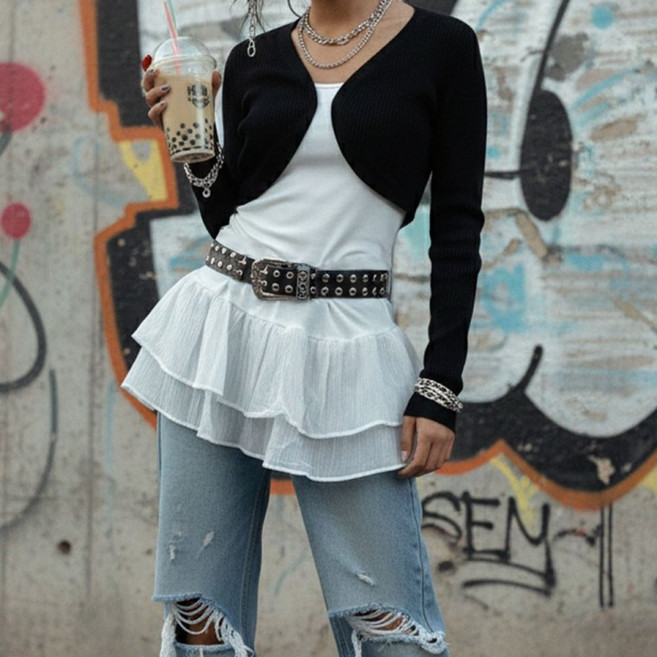 여성 화이트 레이어드 나시 롱 민소매 밑단 셔링