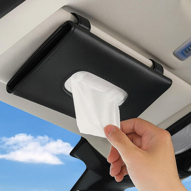차량용 티슈 케이스 PU 가죽 차양판 티슈 가방 클립 다기능 수납 케이스 좌석 등받이 티슈 가방, 검정색, 1개