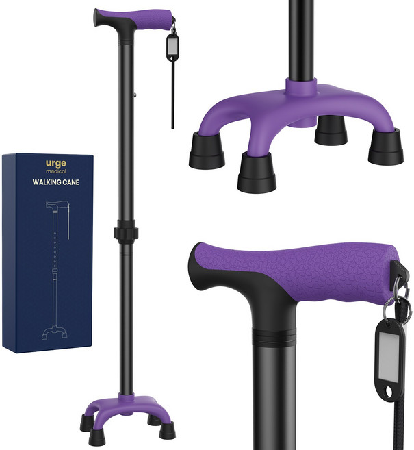 경량형 노인용 지팡이 네발 지팡이 미끄럼 방지, 1개, 보라색