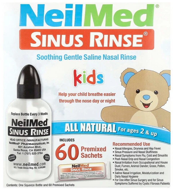 NeilMed 어린이용 Sinus Rinse® 만 2세 이상 스퀴즈 용기 1개 프리믹스 팩 60개 NMD-00300, 1 - 쿠팡