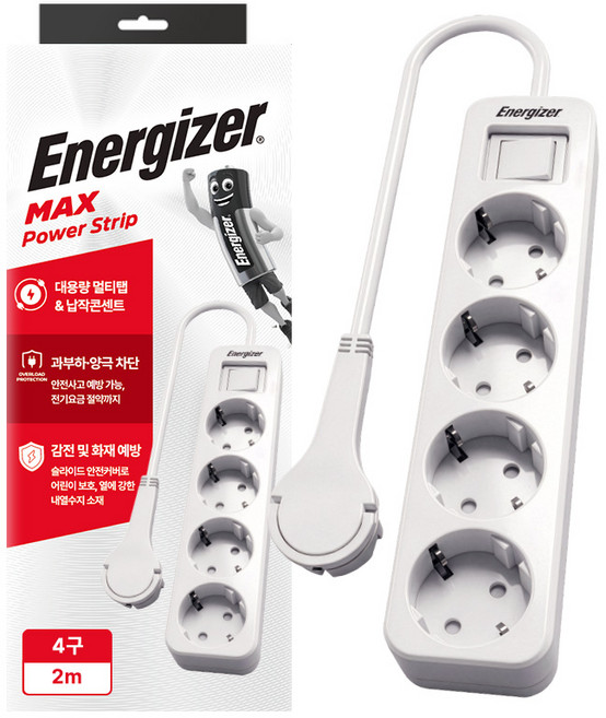 에너자이저 4000W 고용량 과부하차단 납작 멀티탭 4구 콘센트, 화이트, 1개, 2m