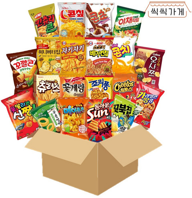 씩씩가게 인기스낵 20종 봉지과자세트 / 허니버터 콘칩 칸츄리 치토스 죠리퐁 야채타임 꼬깔콘 썬 쟈키 베이컨 신짱 오사쯔 꼬북콘스프 츄러스 꽃게랑 카땅 콘치 콘초 구운양파 메이플콘, 1세트, 1.464kg
