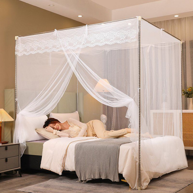 (저스트)2024 New Home Mosquito Net 싱글 침대 침실 설치 기숙사, 1.0m x 2.0m, 흰색(고밀도+레이스)