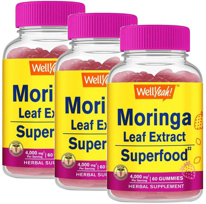 웰예 모링가 잎 추출물 4000mg 슈퍼푸드 구미 딸기맛 WellYeah Moringa Leaves Extract, 3개, 60정