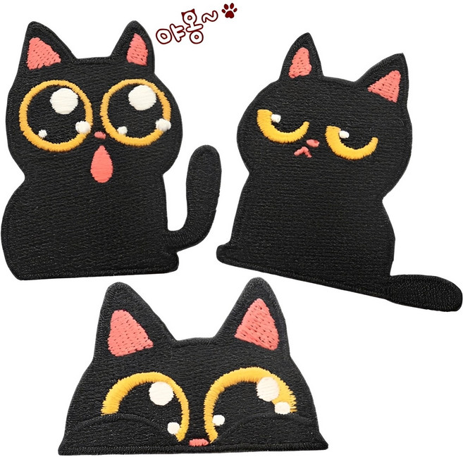웨젼 시크 고양이 찢어진 옷 가방 셀프 수선 DIY 열접착 패치 와펜 3종