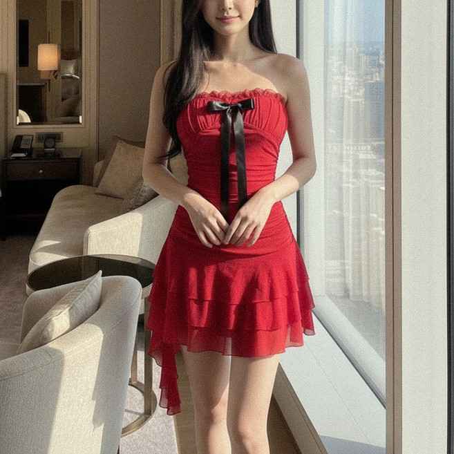 글램디브 안느린 섹시 탑 리본 망사 미니원피스 AI1242