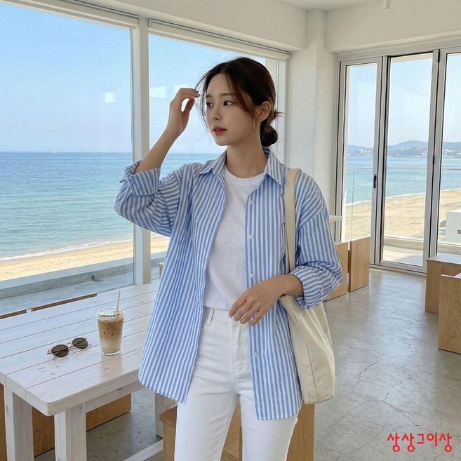 상상그이상 여성용 마린 세로줄 스트라이프 기본 셔츠