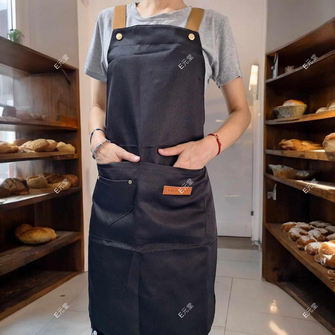 E元堂 H型防潑水工作圍裙 多功能口袋設計 適用餐飲烘焙咖啡店 多色可選, 1個, H型黑色, 黑色