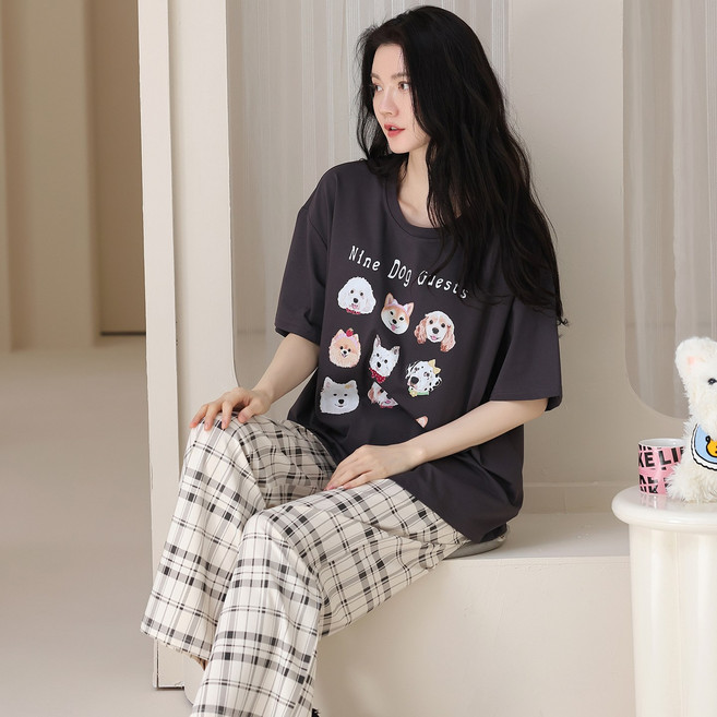 순면 100% 실내복 여성 면 파자마 세트 반팔 긴바지 홈웨어 세트 -W5220