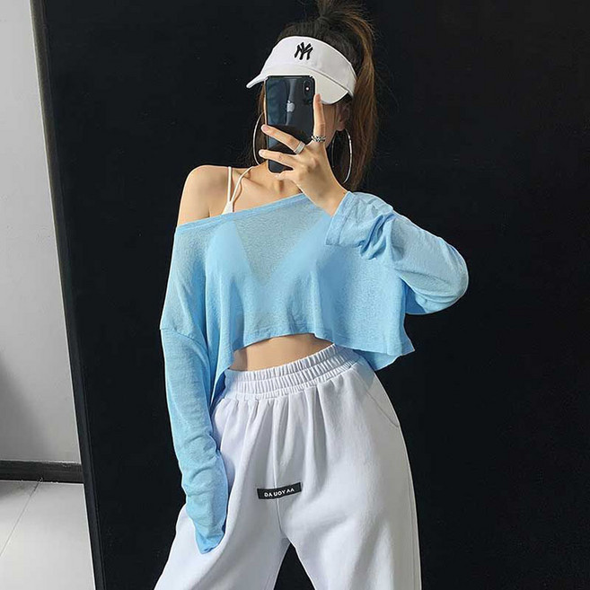 FANSYLI 라인댄스복 여성 라틴댄스 재즈댄스 줌바댄스티 단체댄스복 긴팔댄스복 섹시 시스루 크롭 티셔츠 X2505M22