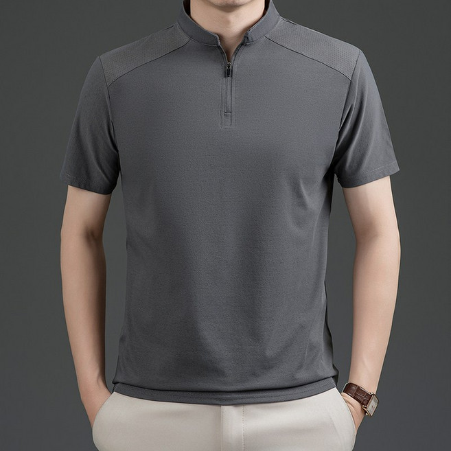 ANYOU 여름 남성 속건 하이넥 반팔 아웃도어 반집업 티셔츠