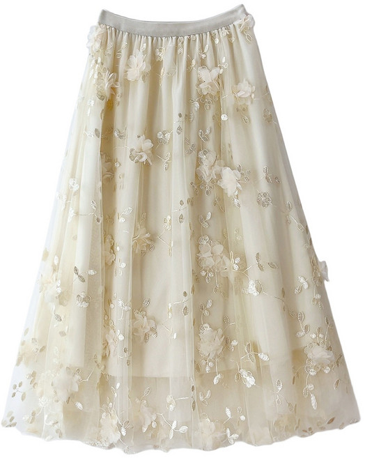 【重工立體花】半身裙 仙女裙 紗裙 刺繡裙 網紗裙 中長款A字裙 溫柔氣質 春夏新款 約會度假穿搭