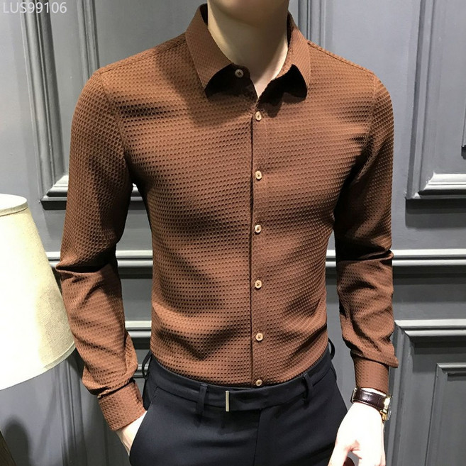 男士長袖襯衫 秋季新款 格子修身商務休閒襯衣