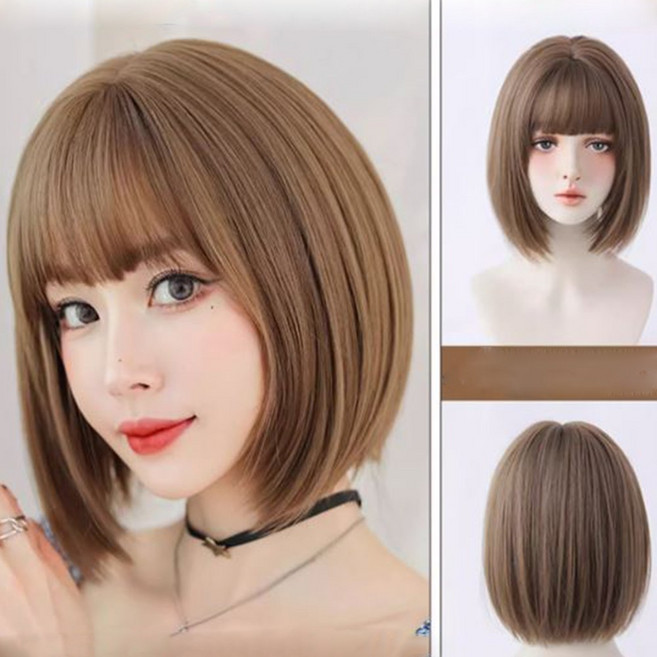 보브컷 단발 머리 가발 풀뱅 똑단발 커트 패션 통가발, 라이트브라운, 1개