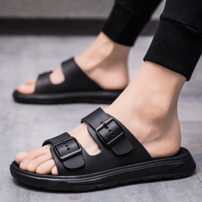 UNIQUEZON 남자 여름 가죽 슬리퍼 가벼운 쿠션 샌들 쪼리