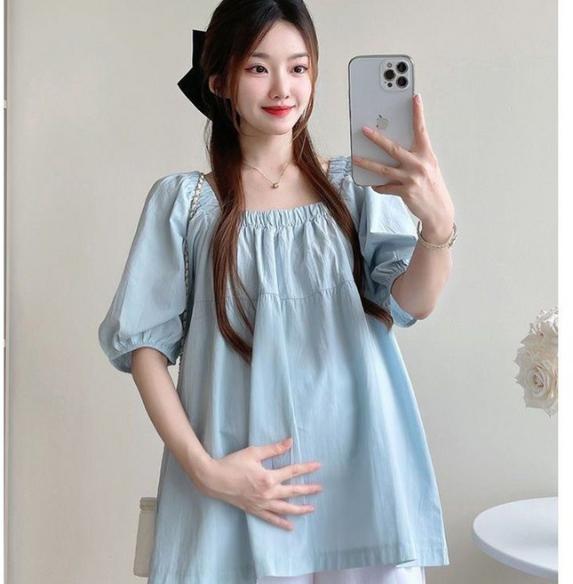 임부복 상의 봄 여름 임산부 패션 스퀘어넥 반팔 티셔츠 빅사이즈 루즈핏 슬림핏 여자 반팔티 WMY