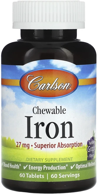 Carlson 츄어블 철분 천연 포도 27mg 60정, 1개 - 쿠팡