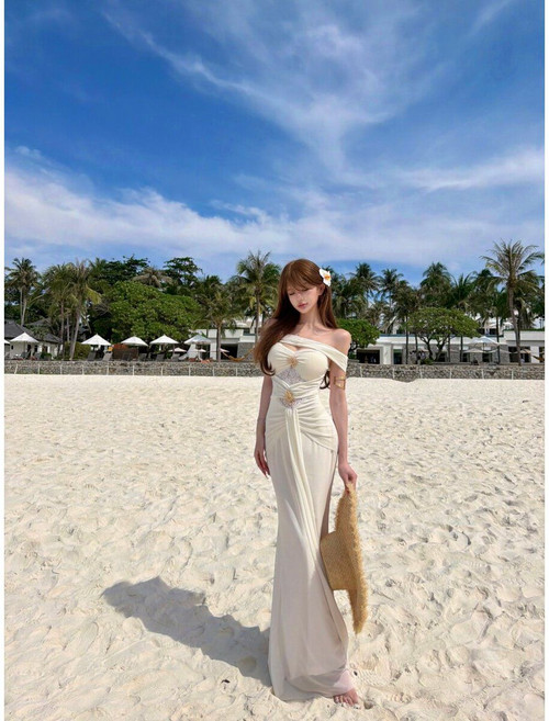 泰國巴厘島度假風一字肩魚尾連衣裙海邊沙灘長裙, 1個, 杏色XL