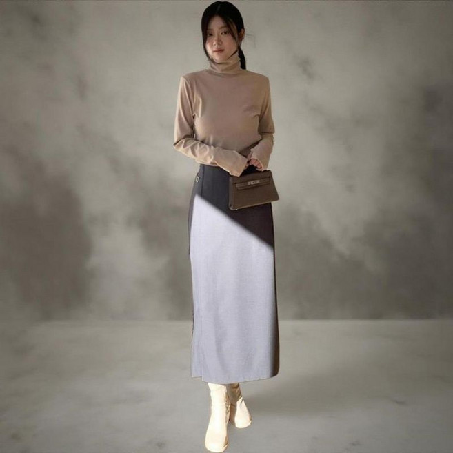 여성 데일리 슬림핏 버클 랩 폴리 스판 롱 스커트