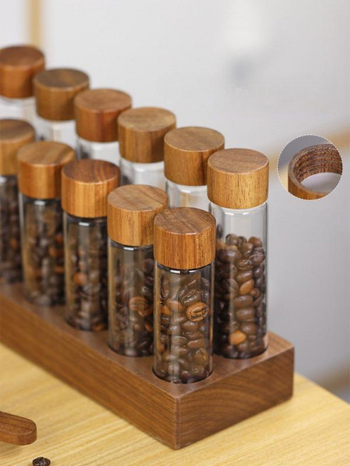 유리 밀폐 보관용기 커피 원두 견과류 정리통 소형 목재커버 주방용, 12홀 좌석+12 대형 시료관(18-20g), 1개, 12홀 좌석+12 대형 시료관(18-20g)
