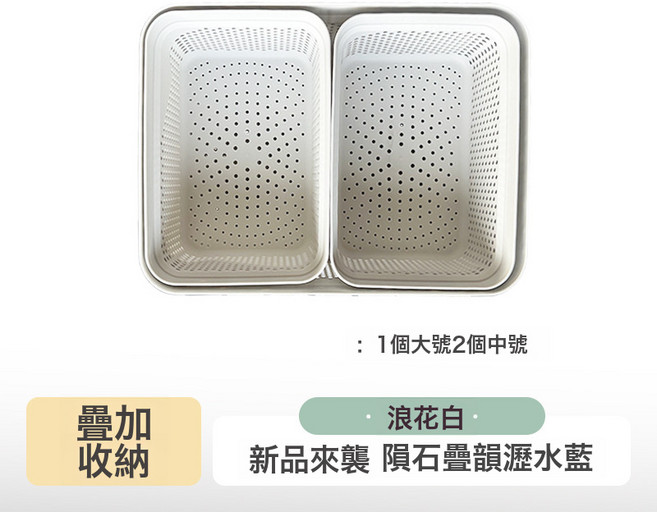 家用廚房瀝水籃套裝雙層洗菜盆瀝乾籃筐加厚小框洗碗池瀝水批發, 1個, 1個大+2中(浪花白):如圖