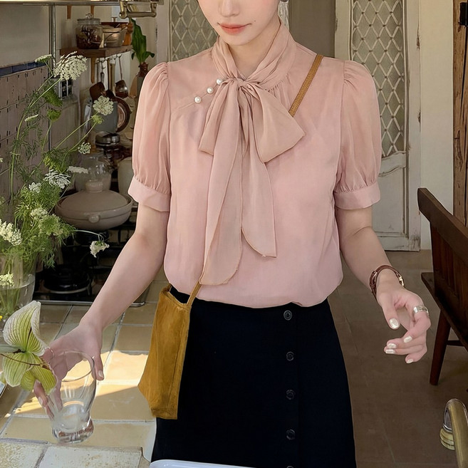 여성 타이 리본 블라우스 여름 쉬폰 퍼프 반팔 셔츠 JQ250515