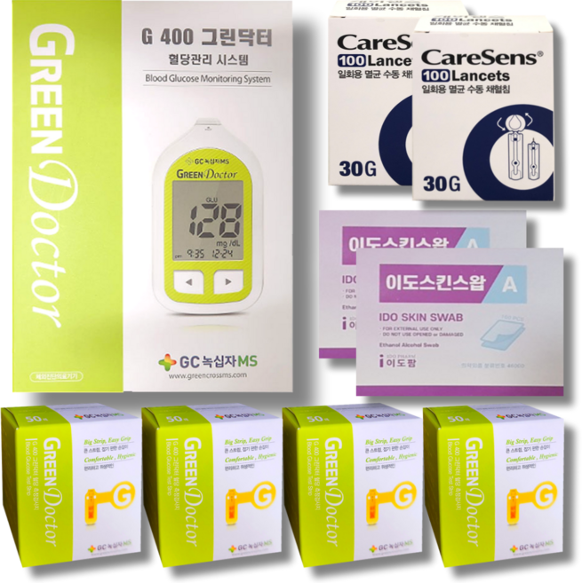 그린닥터 혈당측정기 + 혈당 시험지 200매 + 침 200개 + 솜 200매 당뇨 혈당체크기 당뇨체크기 혈당기계 혈당계, 1개