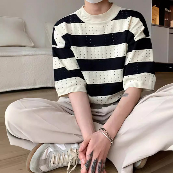 【痞帥輕熟風】條紋T恤 男款T恤 五分袖T恤 夏季短袖 針織短袖 小領口設計 小眾設計感 修身版型 休閒通勤穿搭