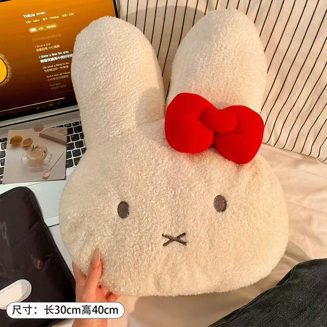 귀여운 털 인형 베개 침실 소파 침대용 쿠션, 40*30厘米, 빨간 리본을 단 미피 토끼 머리