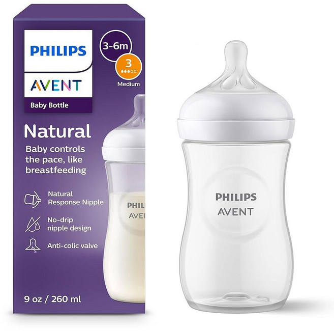 필립스 AVENT 내추럴 아기 젖병 내추럴 리스폰스 젖꼭지 포함(중간 유량 플로우 3) 255g(9온스) SCY903/01, 투명