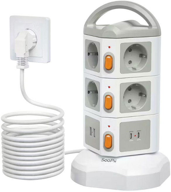 Soopii 4000W고용량 10구 USB 멀티탭 배선차단 캠핑 타워 안전 멀티콘센트 5M TPS10, 1개, 화이트