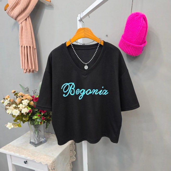 베고니아 반크롭 심플 V넥 반팔티