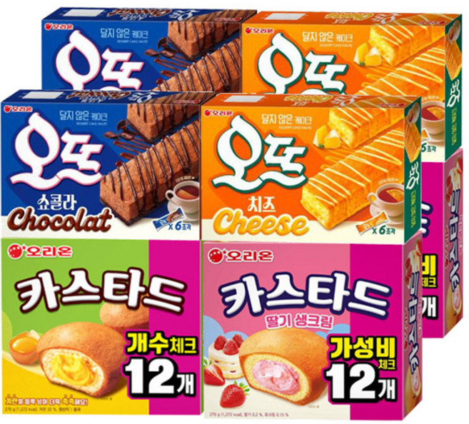 오리온 파이 4종세트 오뜨 쇼콜라 6P+치즈 6P+카스타드 오리지널 12P+딸기생크림 12P, 846g, 2세트