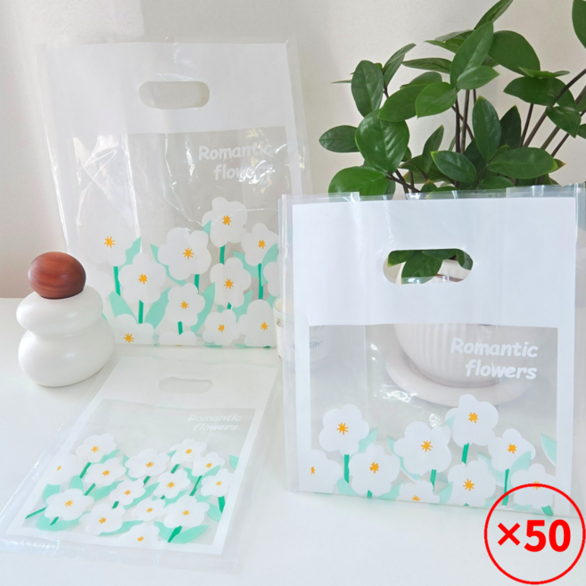 해피쇼핑 데이지 선물 포장 비닐 손잡이 투명 쇼핑백 간식 테크아웃봉투 비닐백, 50개