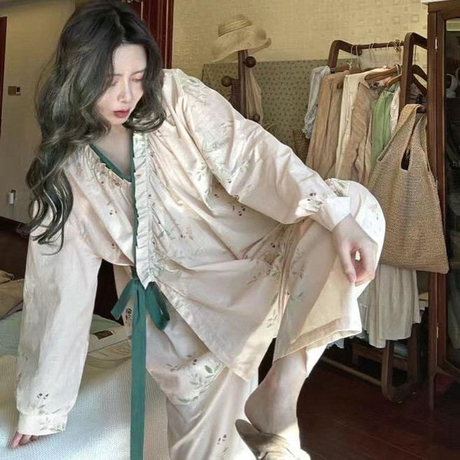 女士長袖斜襟睡衣套裝 春鞦季碎花薄款法式復古家居服