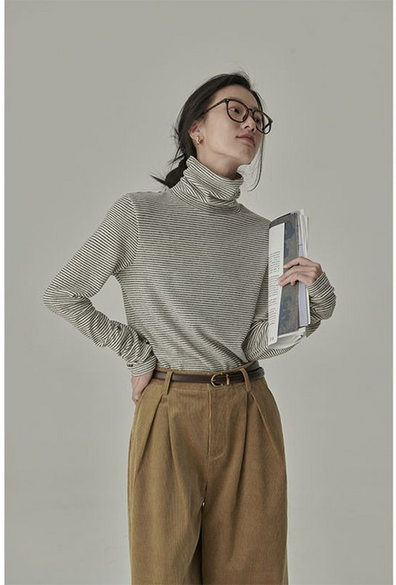 봄 가을 여성 목폴라티 빅사이즈 폴라 스트라이프 긴팔티 반폴라 이너티 캐주얼 여자 얇은 긴팔 티셔츠 YJW