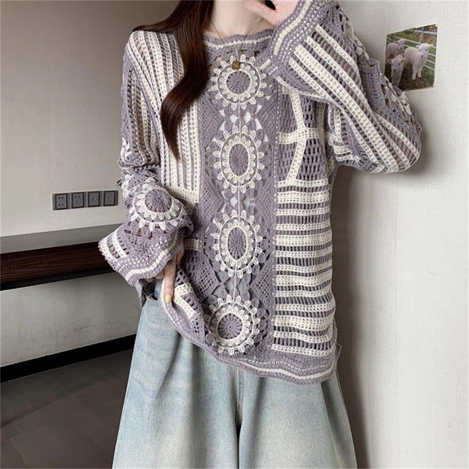 TKX 여성 그물니트 오버핏 긴팔 망사 블라우스 빅사이즈 데일리룩 봄 여름 코디