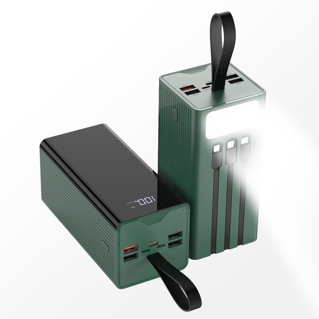 THOUSTA 대용량 보조배터리 50000mAh 고속충전 PD 22.5W 3개 충전선 내장 캠핑용 차박용 멀티단자, 녹색