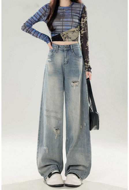 여성 데님 팬츠 봄가을 빈티지 청바지 하이웨스트 일자핏 찢청 바지 키작녀 빅사이즈 와이드 팬츠 WMY