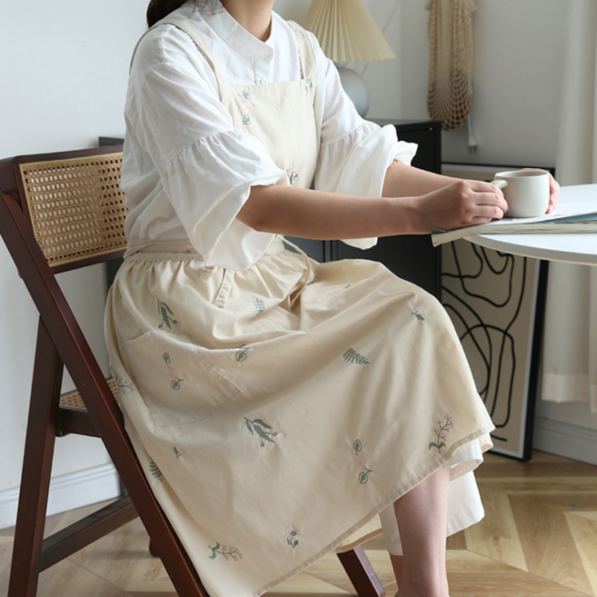 숭람 예쁜 플라워 드레스 롱 원피스 앞치마, 1개, 화이트