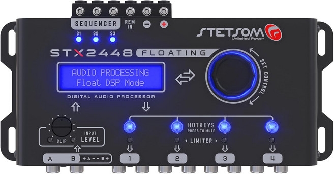 Stetsom STX2448 플로팅 프로 - 풀 프로페셔널 DSP 디지털 신호 프로세서 크로스오버 및 그래픽 이퀄라이저 15 밴드 원격 시퀀서 서브하모닉 베이스 RCA 하이 인풋