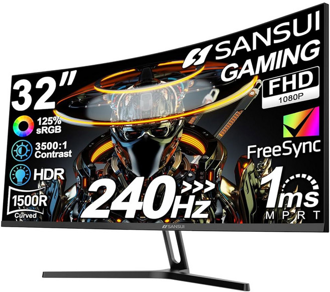 SANSUI 32인치 커브드 240Hz 게이밍 모니터 고 주사율 FHD 1080P 게이밍 PC 모니터 HDMI DP1 4 커브드 1500R 1Ms MPRT HDR 메탈, 32in 240Hz Curved Gaming FHD, 32in 240Hz Curved Gaming FHD