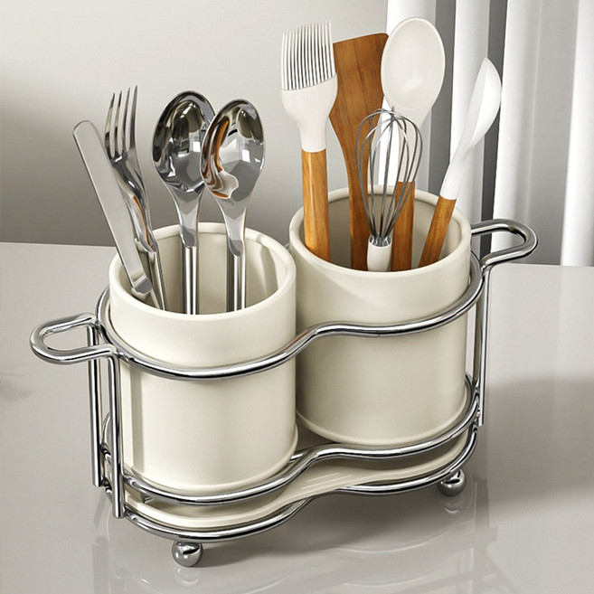 홈비 8구배수홀 물빠짐 트레이 수저통, 1개, 크림 (수저통 세트)