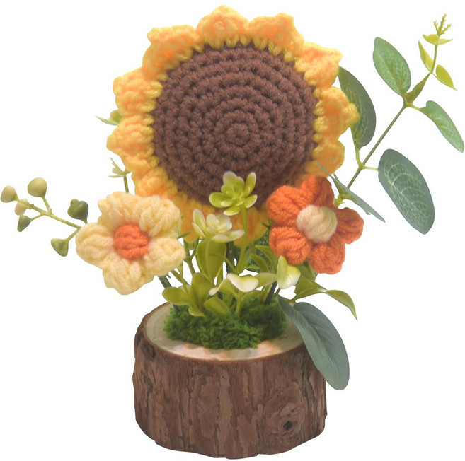뜨개꽃화분완제품 뜨개식물 화분 장식 손뜨개꽃 꽃다발 선물, 1개, 노란 해바라기