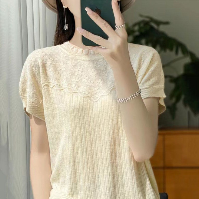 패션 여자 반팔 니트티 레이스 패치 루즈핏 아이스 니트 얇은 반팔티 여름 여성 반팔 티셔츠 YSQ